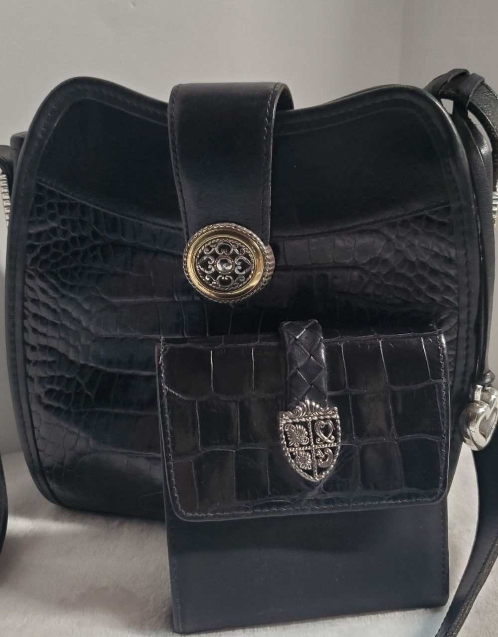 Brighton Black Croc-Embossed Shoulder Bag with Silver Accents With Wallet